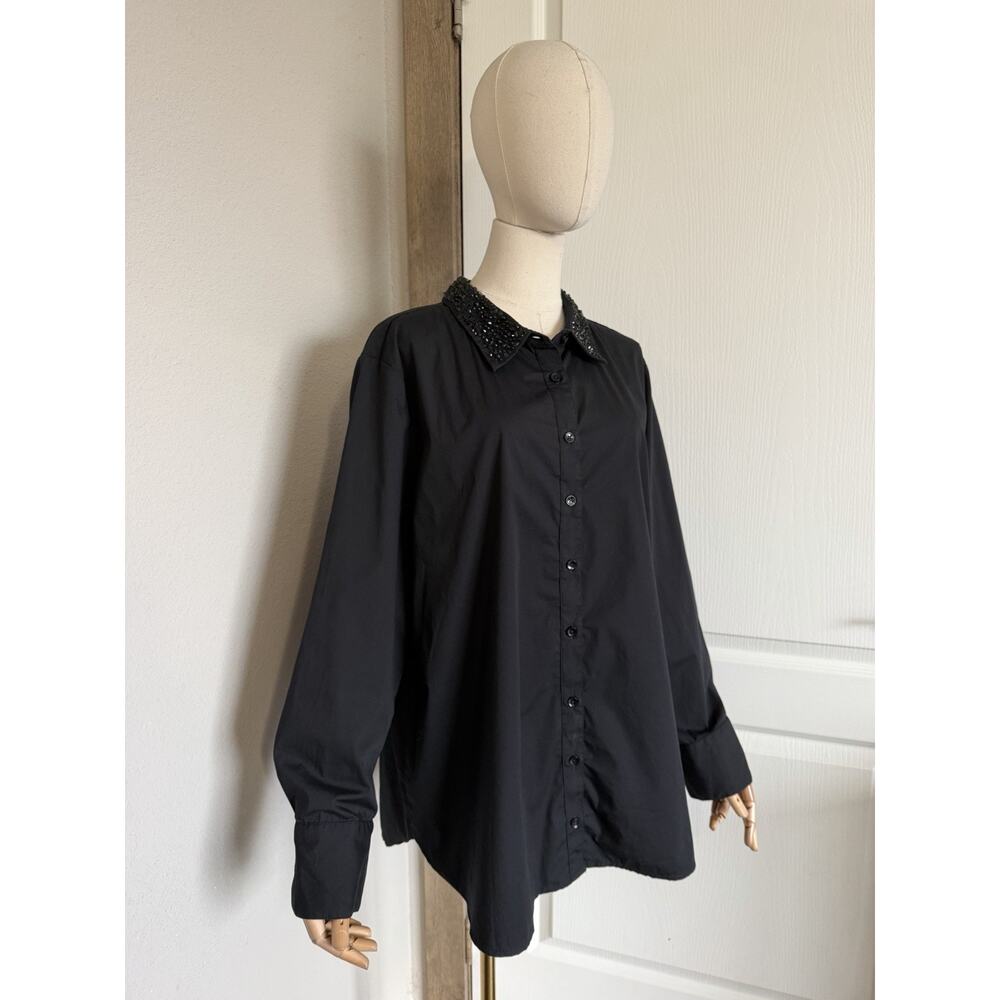 Chico’s Size 3.5 US 18 Tonal Jewels Poplin Shirt Black Embellished Collar Top - Picture 5 of 16